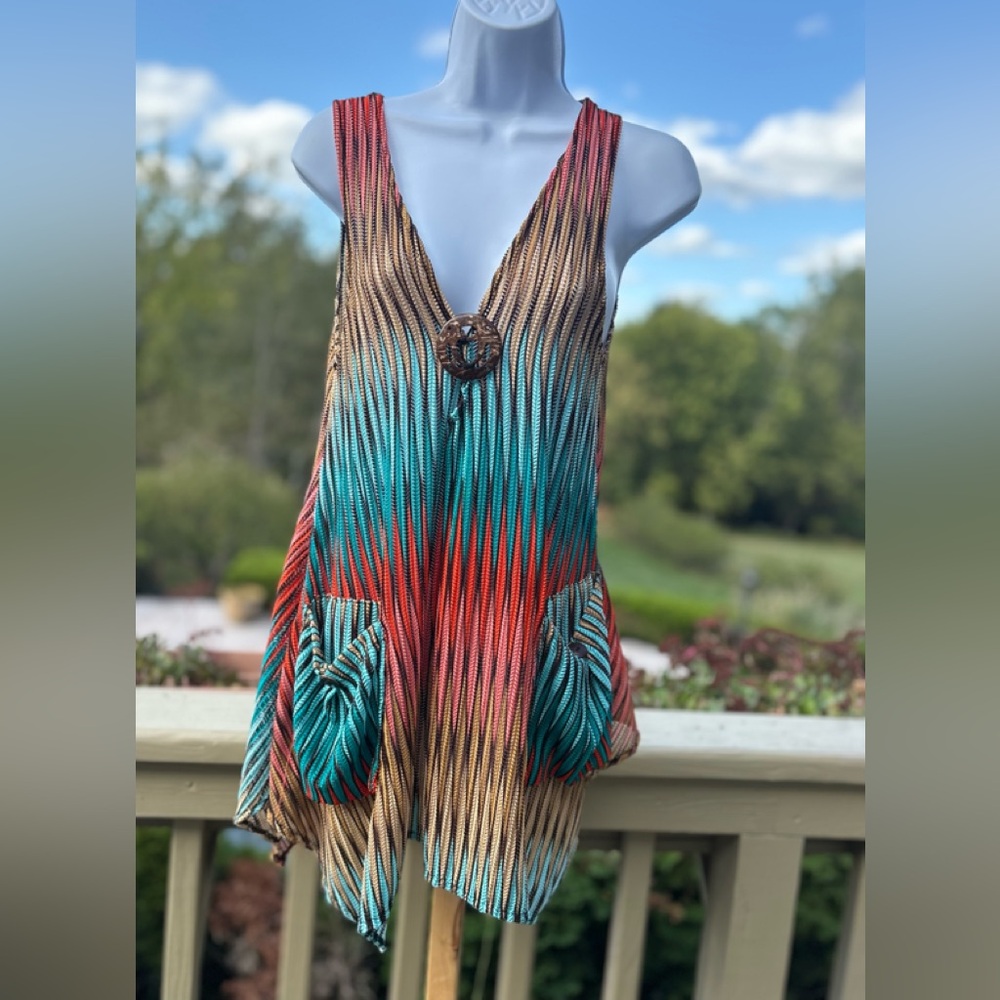 PARADISE Multicolor Sleeveless Mesh Boho Tunic with Pockets, Size: XS/S